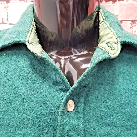 Woolrich Button Up Shirt Men's Green Wool Long Sleeve Elbow PSmalatches Collared - Picture 11 of 15